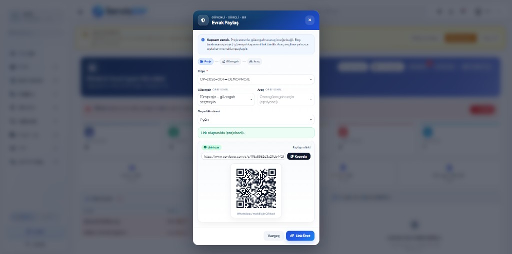 Güvenli süreli evrak paylaşımı ve QR ekranı